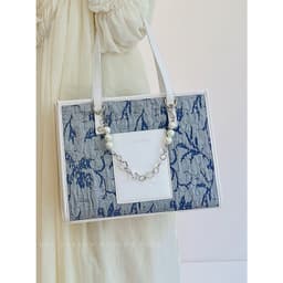 image-Sea Salt Blue Figured Cloth Large Capacity Commuter Tote