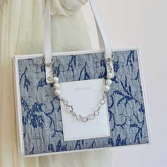 image-Sea Salt Blue Figured Cloth Large Capacity Commuter Tote