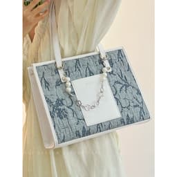 image-Sea Salt Blue Figured Cloth Large Capacity Commuter Tote