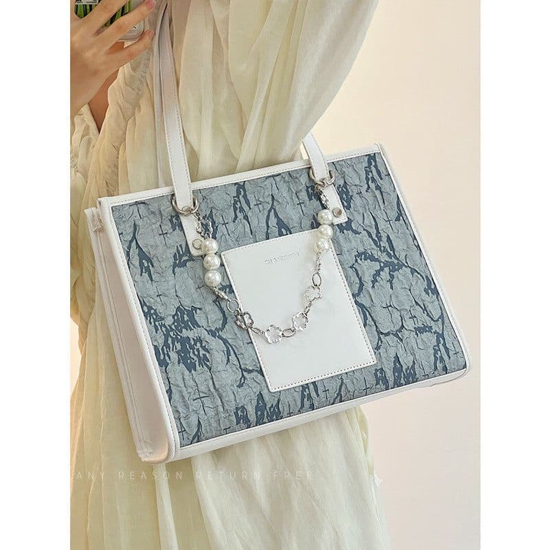 image-Sea Salt Blue Figured Cloth Large Capacity Commuter Tote