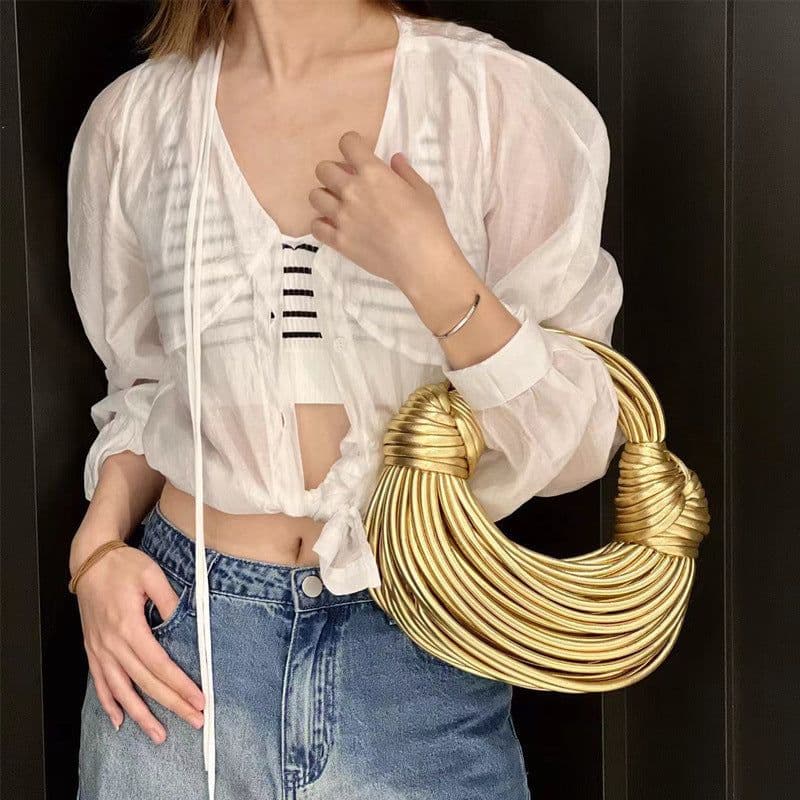 image-Women's Fashion Solid Color Handmade Woven Handbag