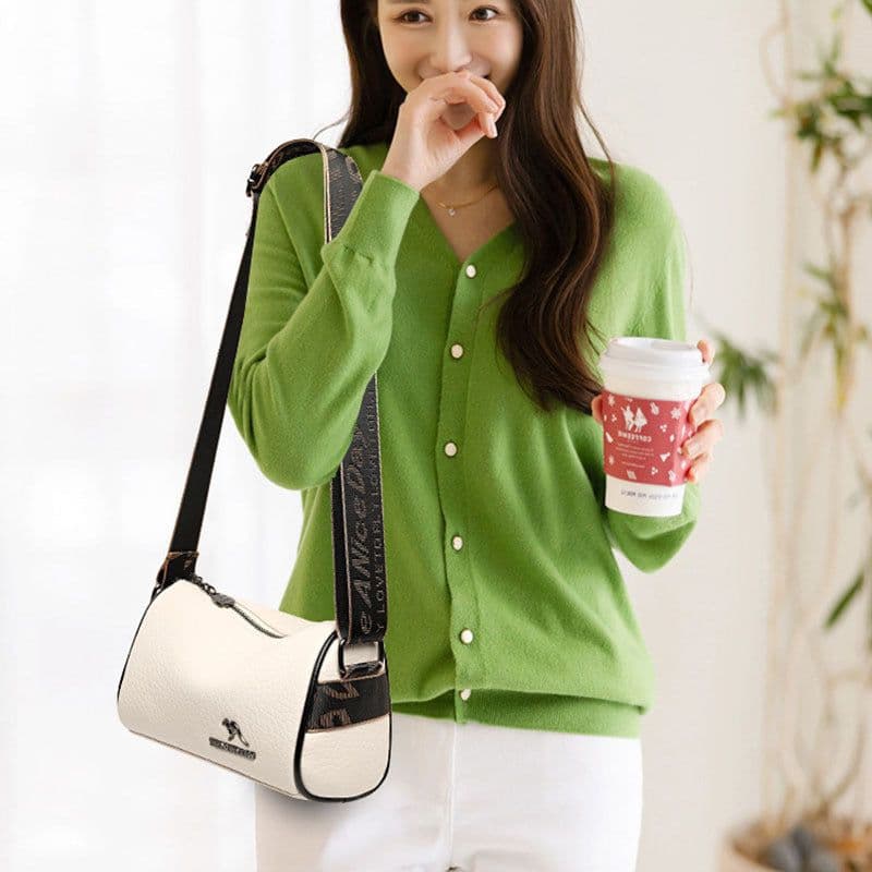 image-Women's Cowhide Round Trendy Fashion Wide Strap Shoulder Messenger Bag