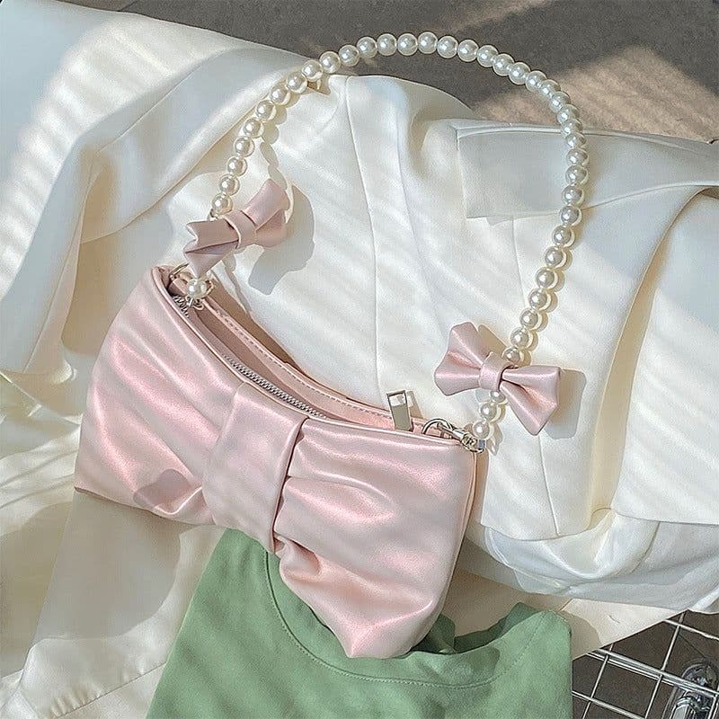 image-Pearl Bow Shoulder Underarm Bag Women's Sweet Messenger Bag