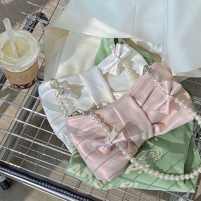 image-Pearl Bow Shoulder Underarm Bag Women's Sweet Messenger Bag