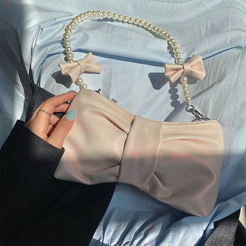 image-Pearl Bow Shoulder Underarm Bag Women's Sweet Messenger Bag