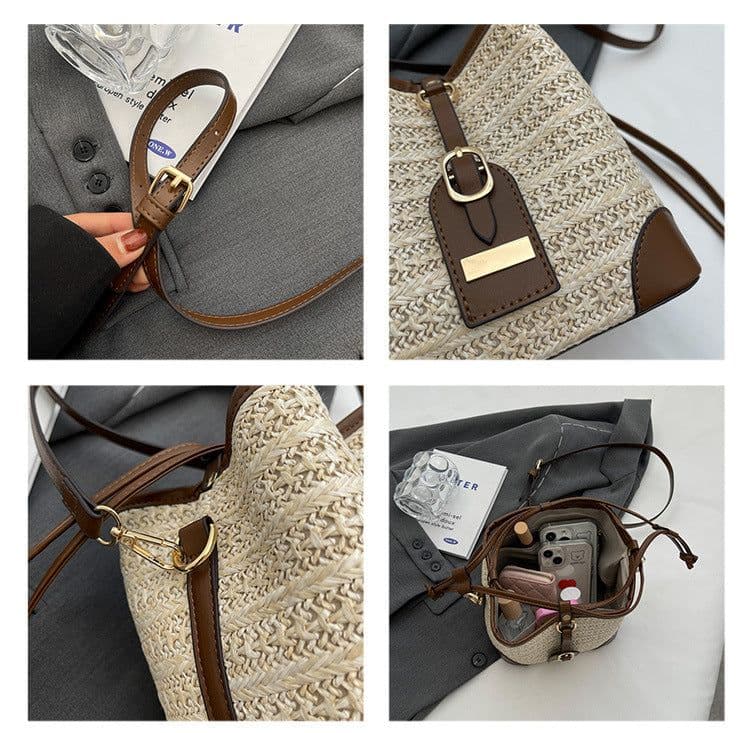 image-Summer Korean Straw Plaited Pull-belt Simple Beach Weaving Shoulder Messenger Bag