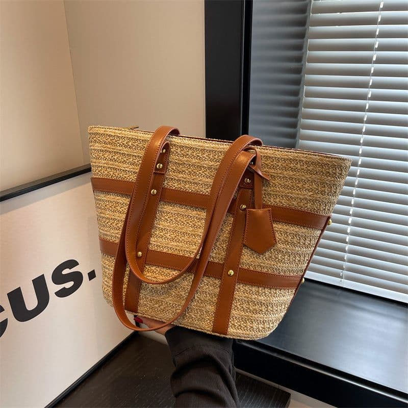 image-Women's Large Capacity Fashion Shoulder Woven Bag