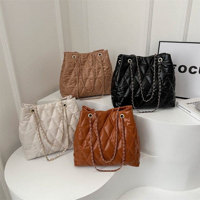 image-Popular Texture Rhombus Embroidery Thread Casual Large Capacity Simple Chain Shoulder Crossbody Underarm Bag