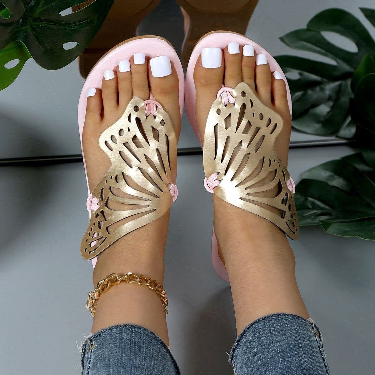 image-Fashion Hollow Butterfly Flip-Flops Summer Sandals For Women Casual Beach Shoes New Low Heel Flat Slides Slippers