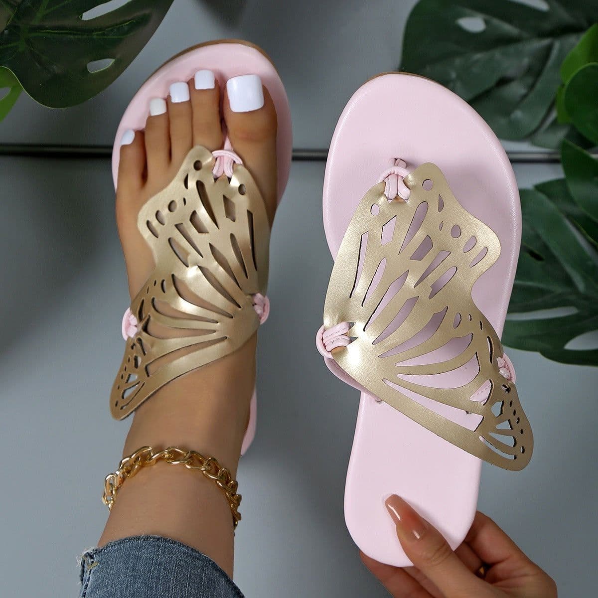 image-Fashion Hollow Butterfly Flip-Flops Summer Sandals For Women Casual Beach Shoes New Low Heel Flat Slides Slippers