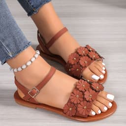 image-Retro Flowers Sandals Summer Casual Versatile Round Toe Buckle Flat Beach Shoes For Women New Roman Shoes