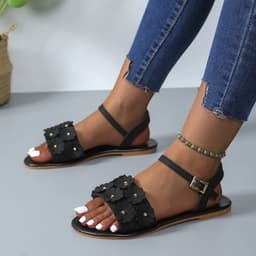 image-Retro Flowers Sandals Summer Casual Versatile Round Toe Buckle Flat Beach Shoes For Women New Roman Shoes