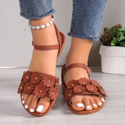 image-Retro Flowers Sandals Summer Casual Versatile Round Toe Buckle Flat Beach Shoes For Women New Roman Shoes
