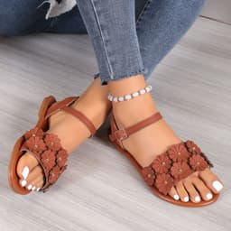 image-Retro Flowers Sandals Summer Casual Versatile Round Toe Buckle Flat Beach Shoes For Women New Roman Shoes