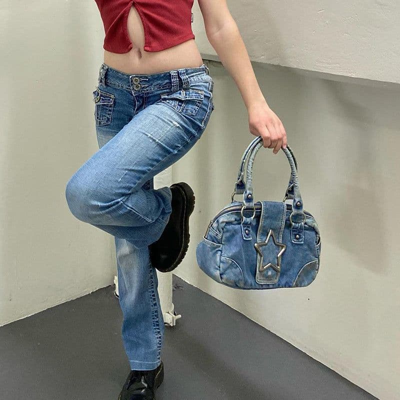 image-Fashion Retro Metal Five-pointed Star Decoration Denim Handbag For Women