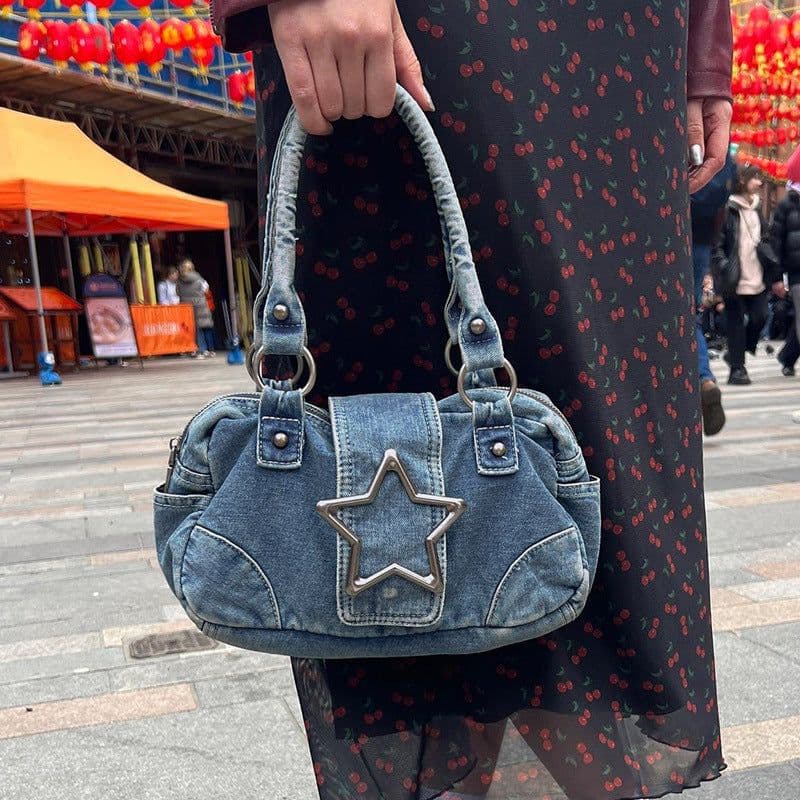 image-Fashion Retro Metal Five-pointed Star Decoration Denim Handbag For Women