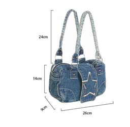 image-Fashion Retro Metal Five-pointed Star Decoration Denim Handbag For Women