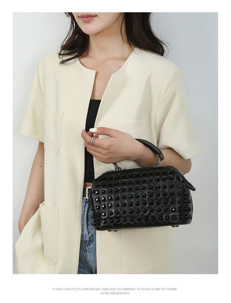 image-Soft Leather Fashion Bucket Portable Rivet Crossbody Bag