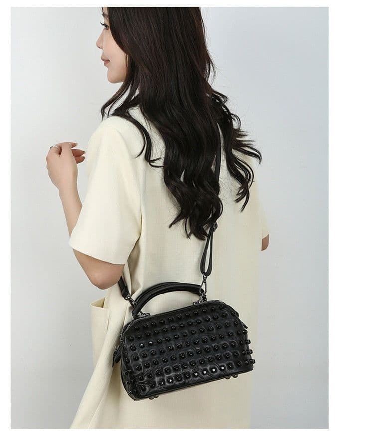 image-Soft Leather Fashion Bucket Portable Rivet Crossbody Bag