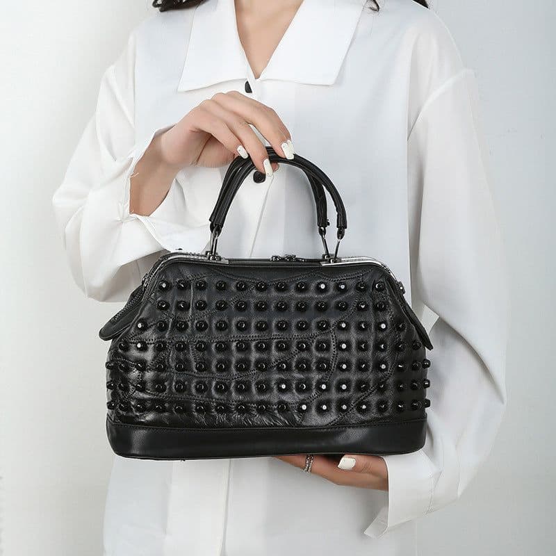 image-Soft Leather Fashion Bucket Portable Rivet Crossbody Bag