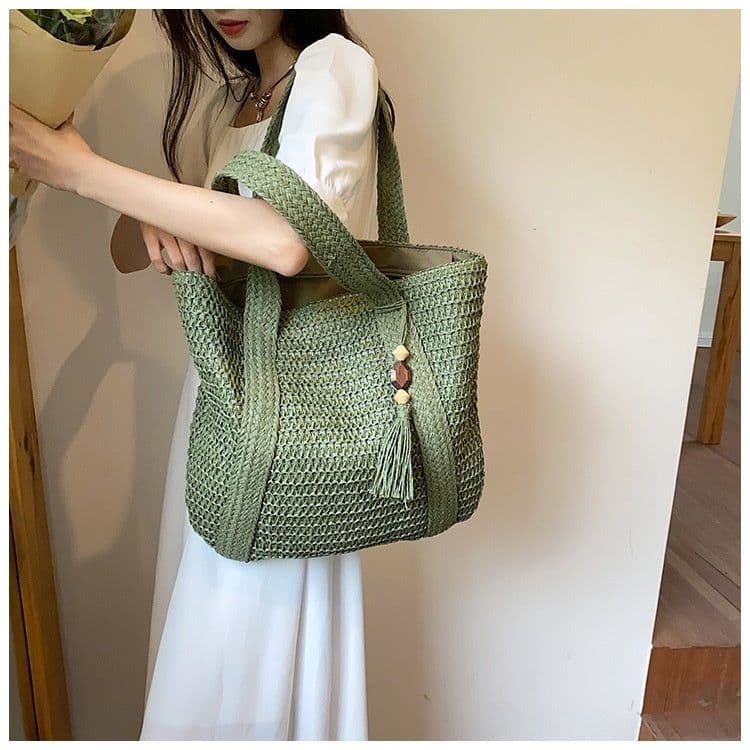 image-Fashion Shoulder Paper String Straw Mahogany Pendant Casual Beach Women's Bag