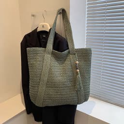 image-Fashion Shoulder Paper String Straw Mahogany Pendant Casual Beach Women's Bag