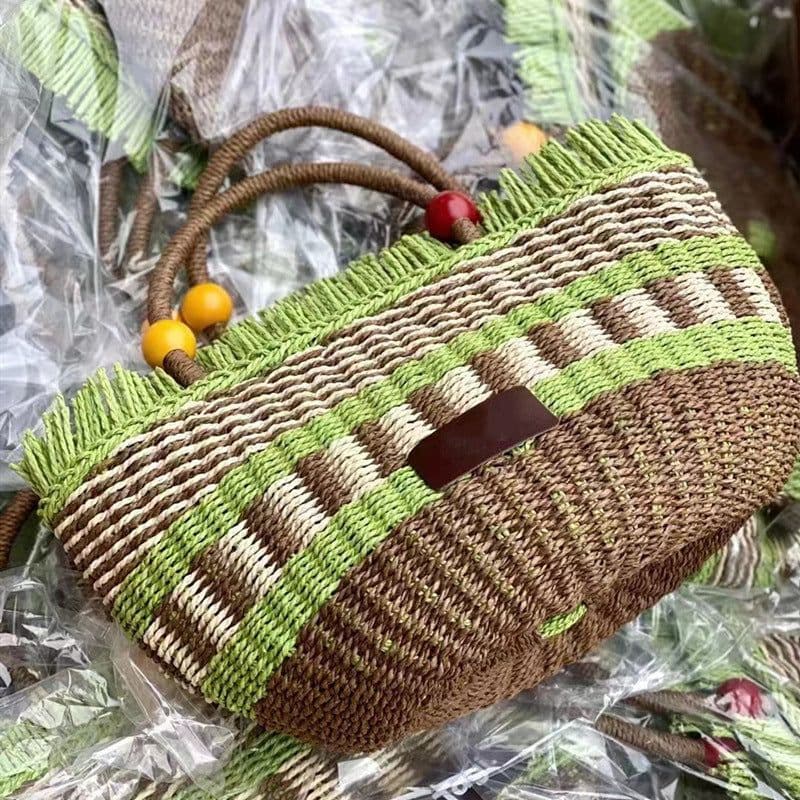 image-Picnic Basket Tassel Wooden Bead Decorative Cute Handbag Hand Woven