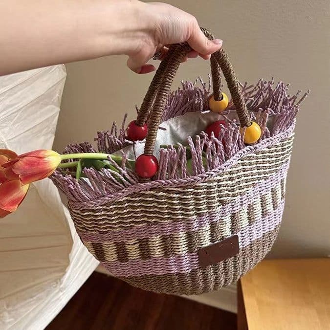 image-Picnic Basket Tassel Wooden Bead Decorative Cute Handbag Hand Woven