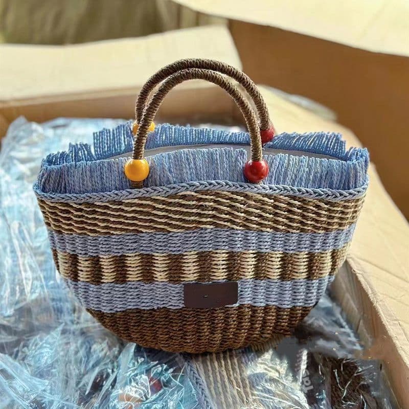 image-Picnic Basket Tassel Wooden Bead Decorative Cute Handbag Hand Woven