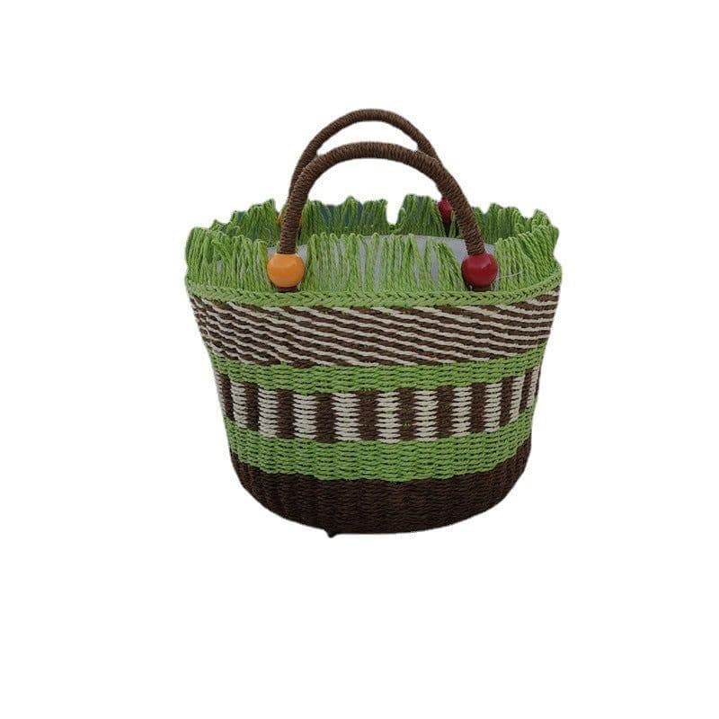 image-Picnic Basket Tassel Wooden Bead Decorative Cute Handbag Hand Woven