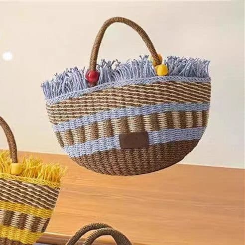 image-Picnic Basket Tassel Wooden Bead Decorative Cute Handbag Hand Woven