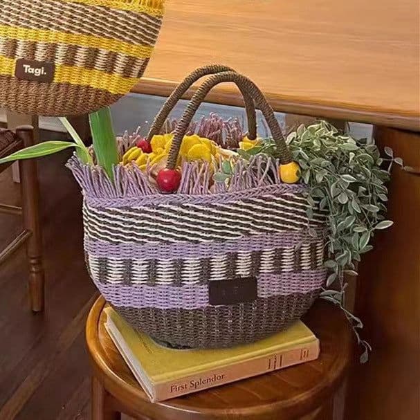 image-Picnic Basket Tassel Wooden Bead Decorative Cute Handbag Hand Woven