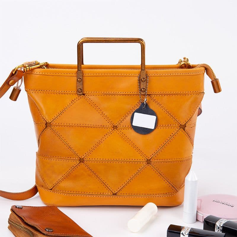 image-All-match Geometric Stitched Cowhide Women's Bag Work Commute Literary Handbag