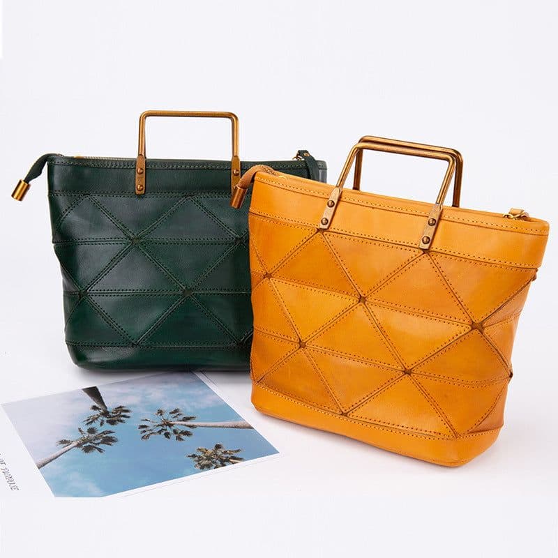 image-All-match Geometric Stitched Cowhide Women's Bag Work Commute Literary Handbag