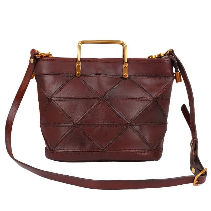 image-All-match Geometric Stitched Cowhide Women's Bag Work Commute Literary Handbag
