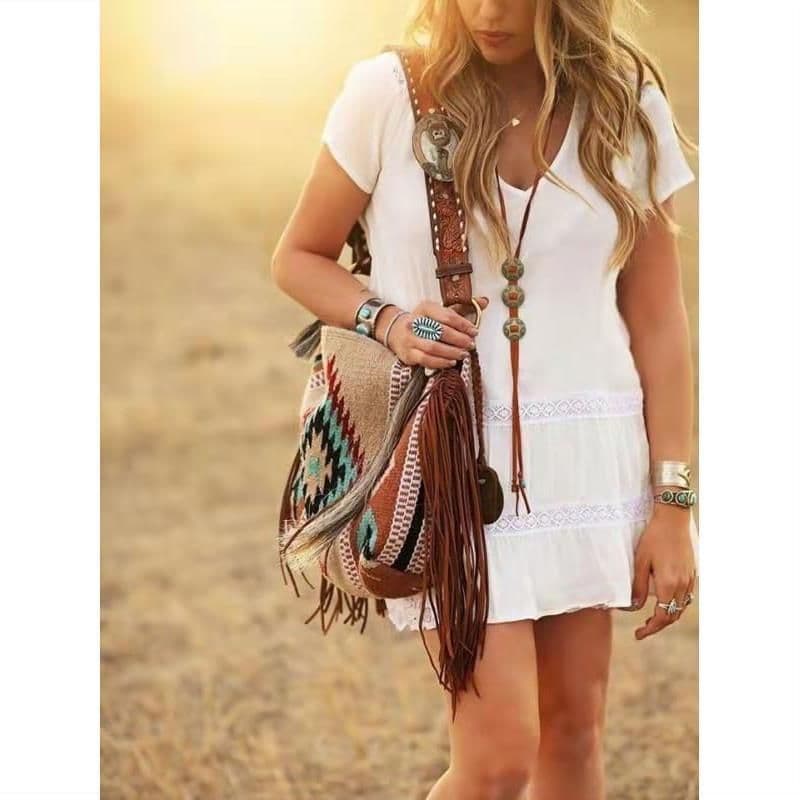image-Retro Tassel Cotton And Linen Women's Bag Portable