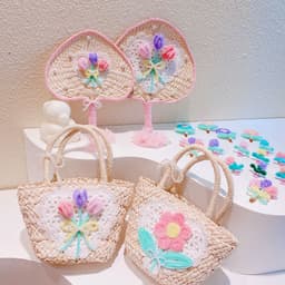 image-Sweet Flowers Lace Love Woven Handbag Pearl Handheld Fan