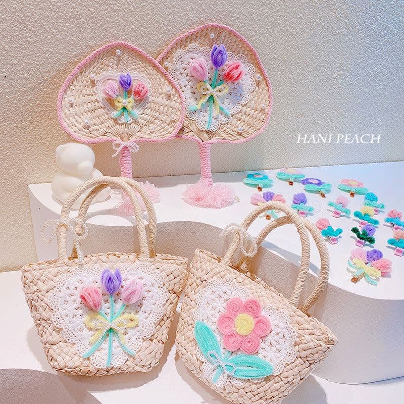 image-Sweet Flowers Lace Love Woven Handbag Pearl Handheld Fan
