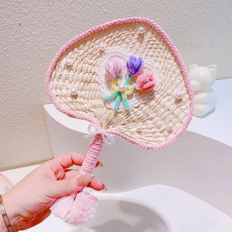 image-Sweet Flowers Lace Love Woven Handbag Pearl Handheld Fan