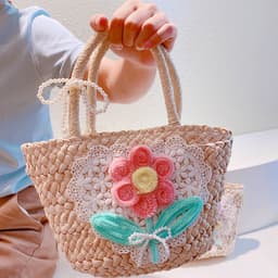 image-Sweet Flowers Lace Love Woven Handbag Pearl Handheld Fan