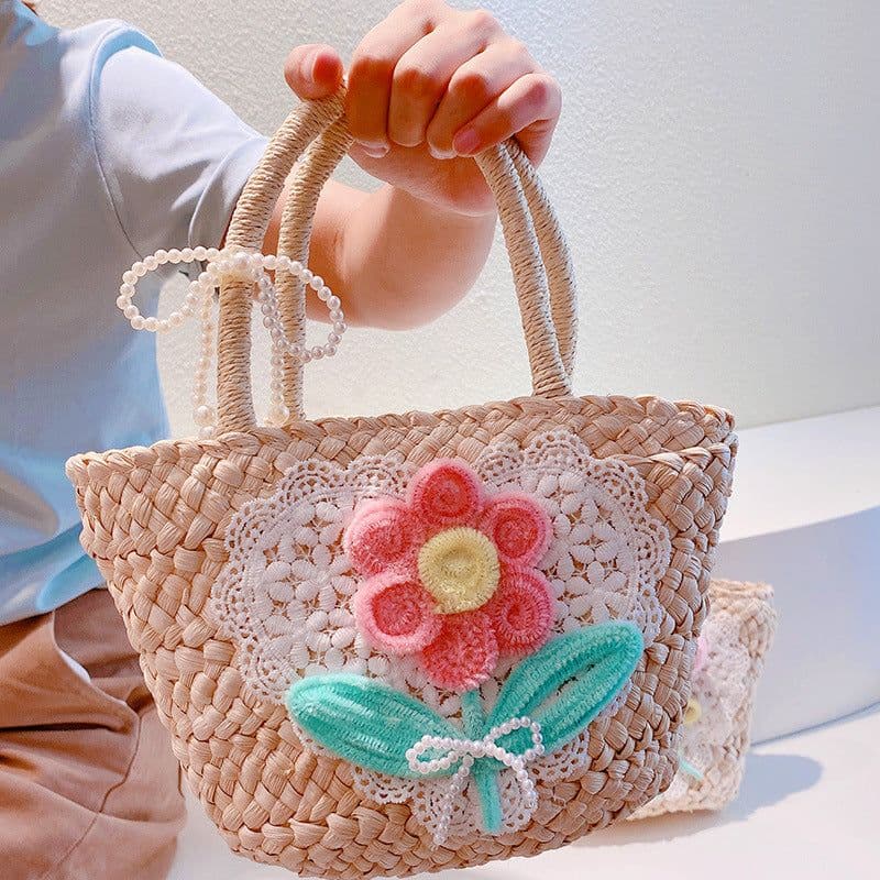 image-Sweet Flowers Lace Love Woven Handbag Pearl Handheld Fan