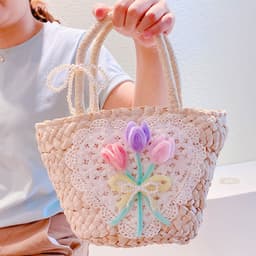 image-Sweet Flowers Lace Love Woven Handbag Pearl Handheld Fan