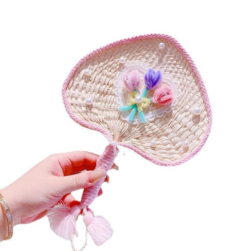 image-Sweet Flowers Lace Love Woven Handbag Pearl Handheld Fan