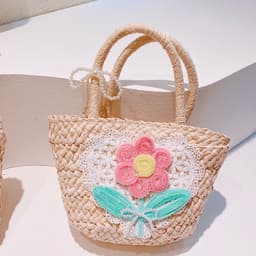 image-Sweet Flowers Lace Love Woven Handbag Pearl Handheld Fan
