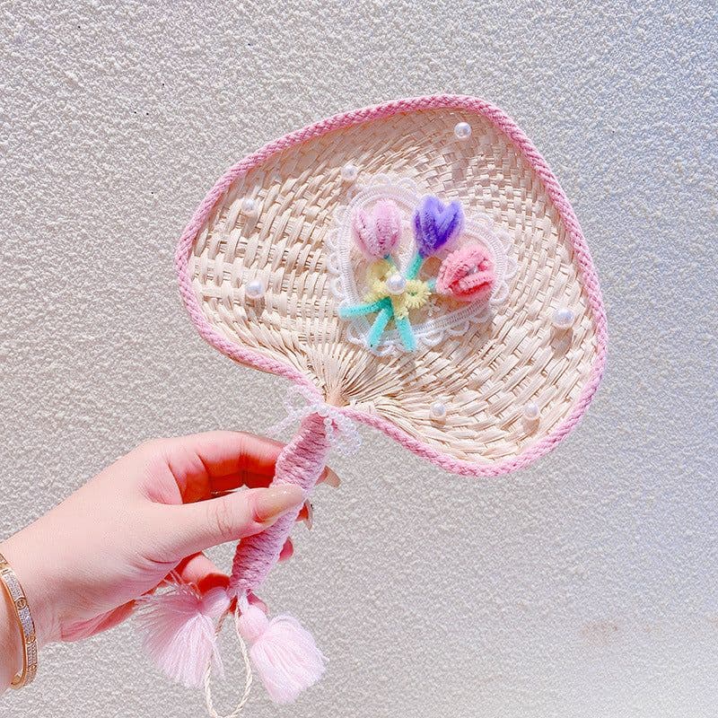 image-Sweet Flowers Lace Love Woven Handbag Pearl Handheld Fan