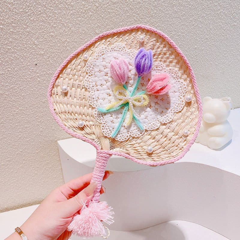 image-Sweet Flowers Lace Love Woven Handbag Pearl Handheld Fan