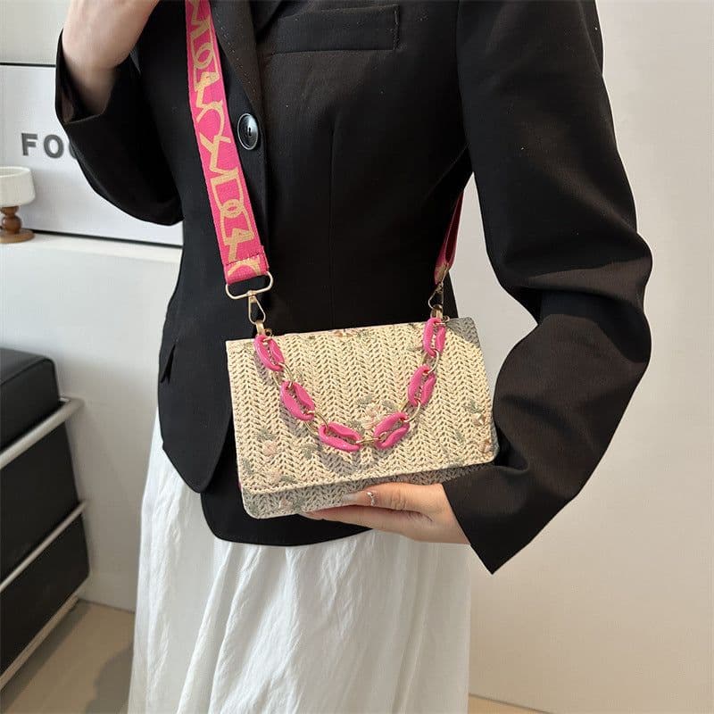 image-Women's Fashion Straw Small Square Bag Acrylic Chain