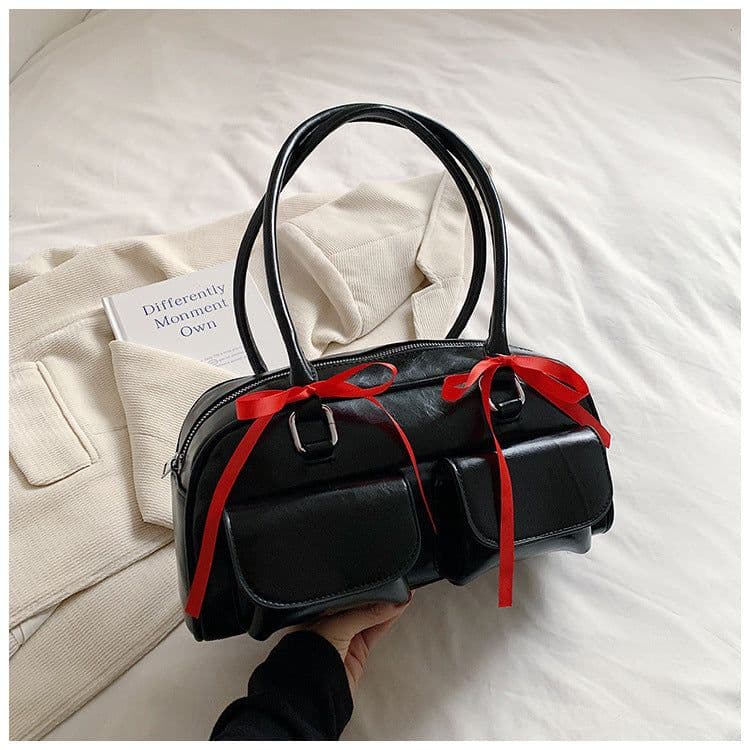 image-College Style Velvet Frosted Leather Bow Ribbon Commuter Bag Advanced Simple