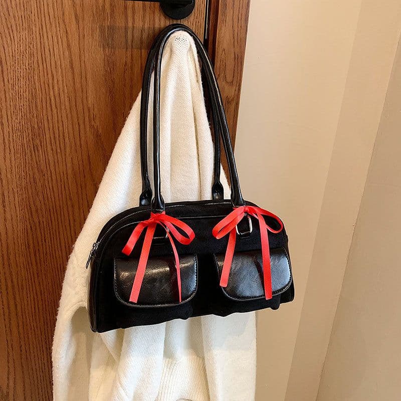 image-College Style Velvet Frosted Leather Bow Ribbon Commuter Bag Advanced Simple