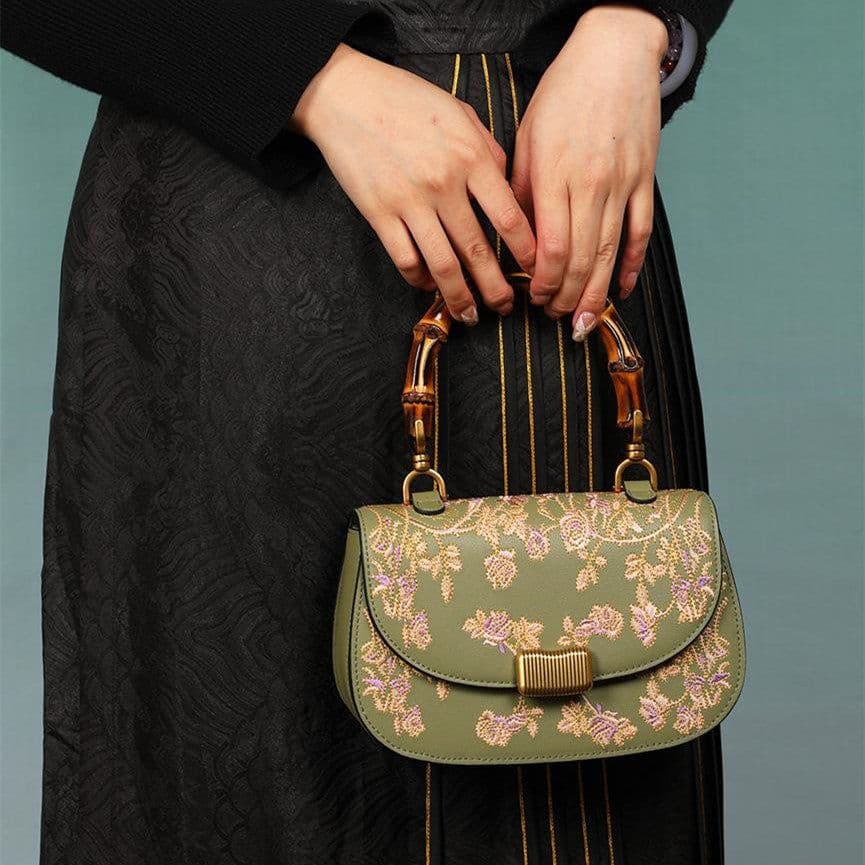 image-Cowhide Embroidery Ladies Bamboo Handbag
